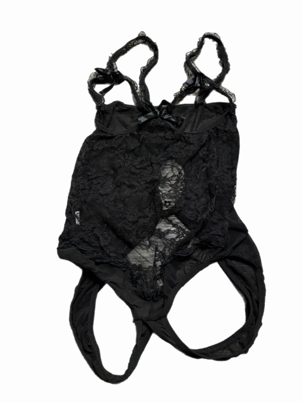 Y2K European Vintage Floral Lace Open Cup & Bottom Risqué Bodysuit (Black) S